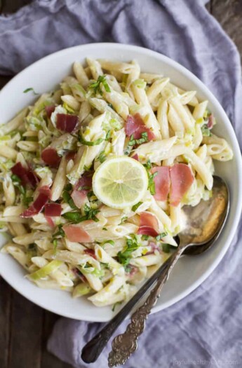 Creamy Lemon Pasta with salty Prosciutto - this pasta recipe is easy to make, filled with flavor, and guaranteed to be a new family favorite! | joyfulhealthyeats.com