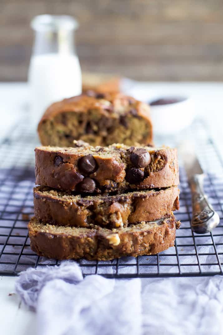 Chocolate Chip Zucchini Bread slices on a cooling rack