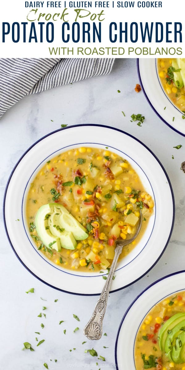 Crock Pot Potato Corn Chowder with Roasted Poblanos in a bowl with sliced avocado