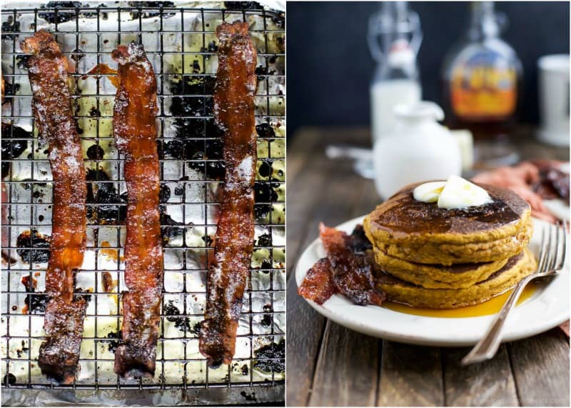 A collage of an image of candied bacon, and a picture of pumpkin pancakes and candied bacon on a plate.