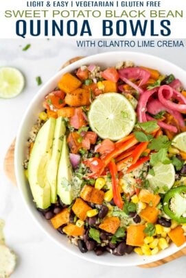 pinterest image for easy sweet potato black bean quinoa bowls with crema