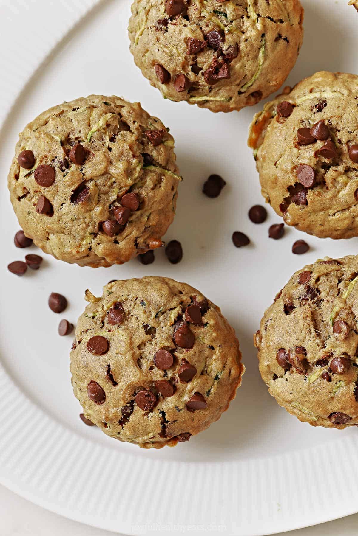 Close-up of fluffy chocolate chip-zucchini muffins. 