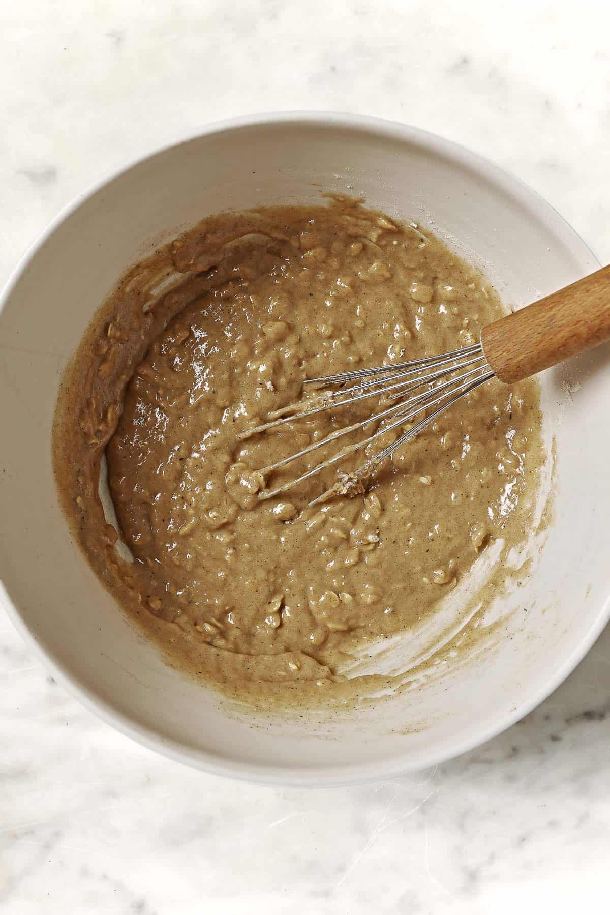 Mixed batter in a bowl. 