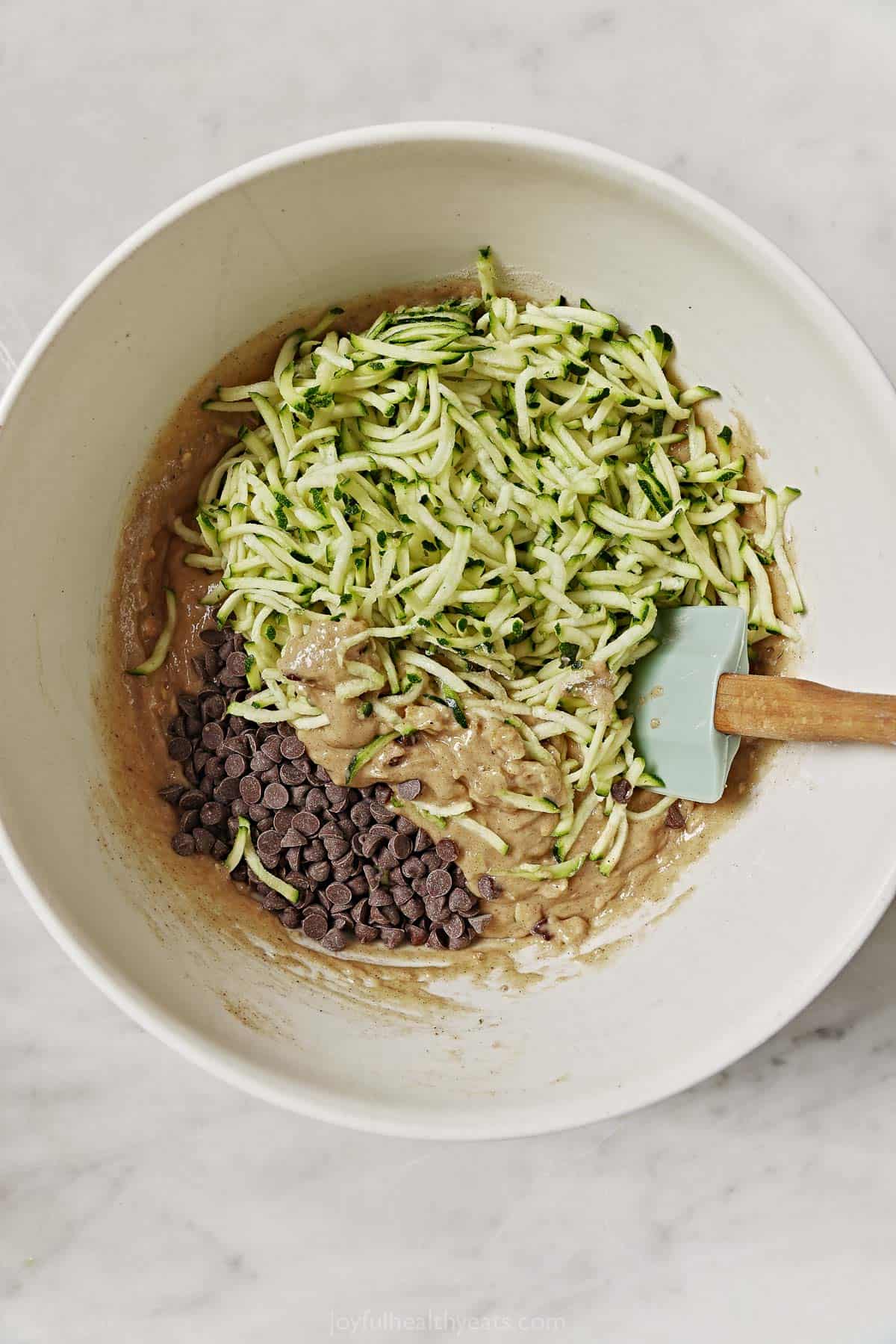 Folding in the zucchini and chocolate chips. 