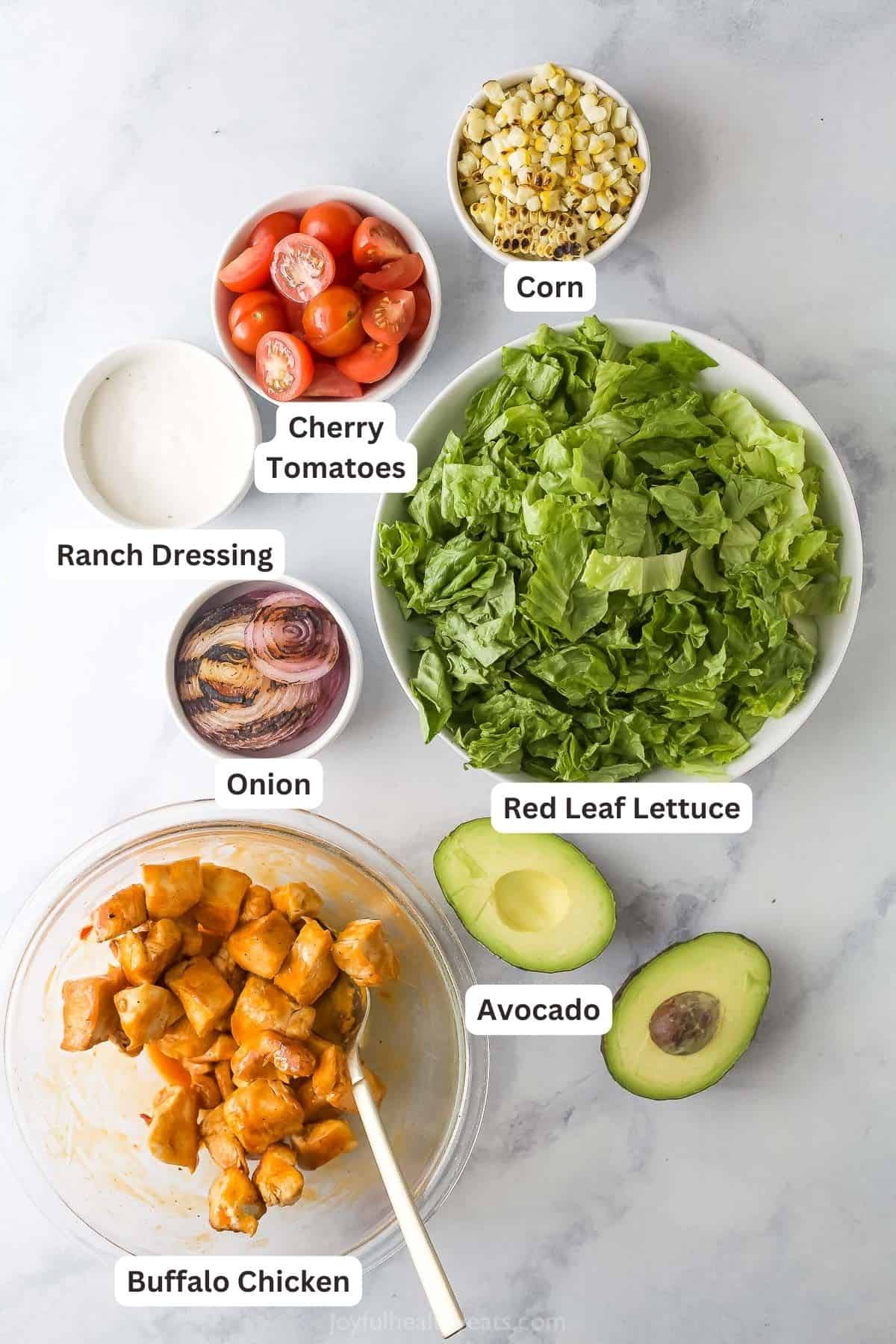 Labeled ingredients for buffalo chicken salad.