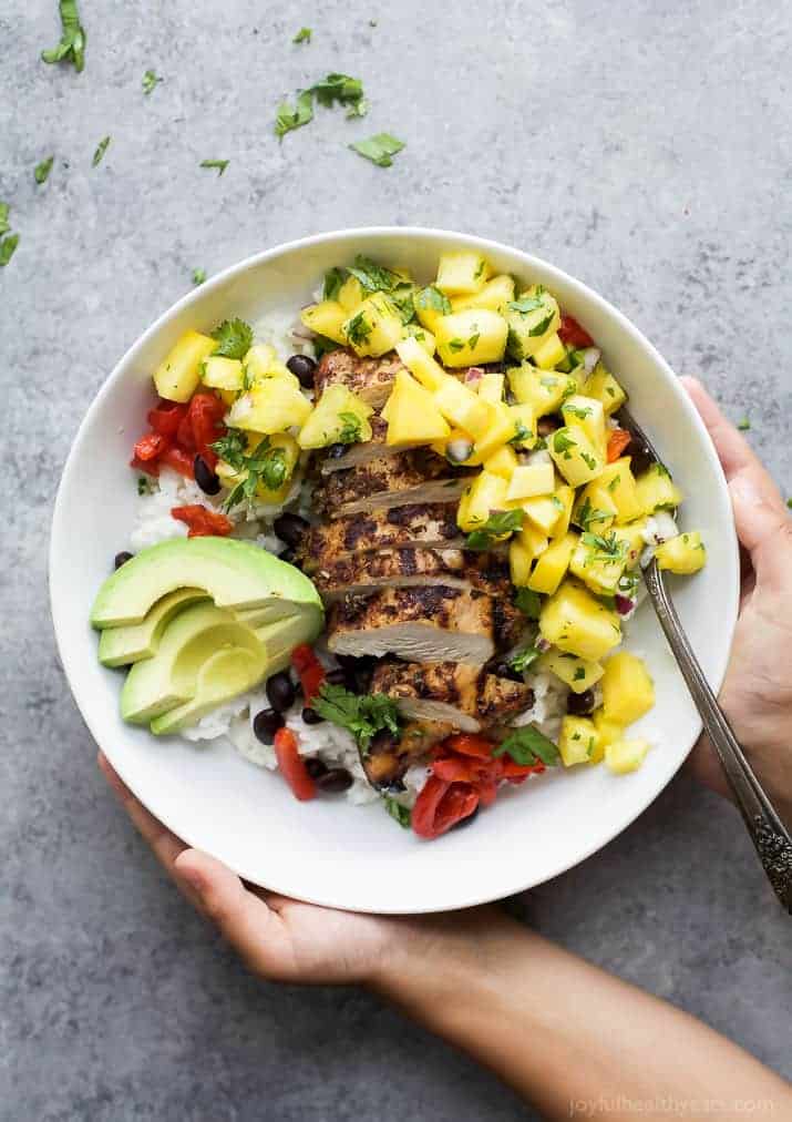 Jerk Chicken Bowls with Mango Pineapple Salsa Image of a Grilled Jerk Chicken Bowl with Mango Pineapple Salsa
