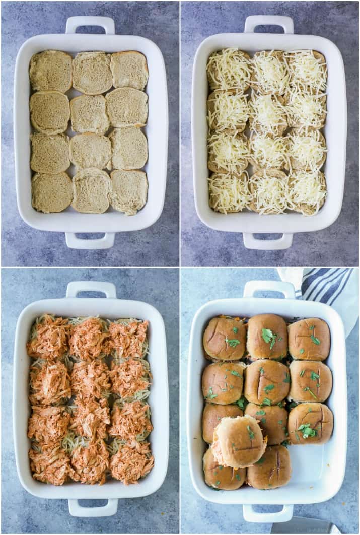 Process shots of how to make buffalo chicken sliders