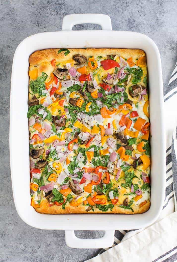 Egg White Vegetable Breakfast Casserole Top view of a Healthy Egg White Vegetable Breakfast Casserole in a baking dish