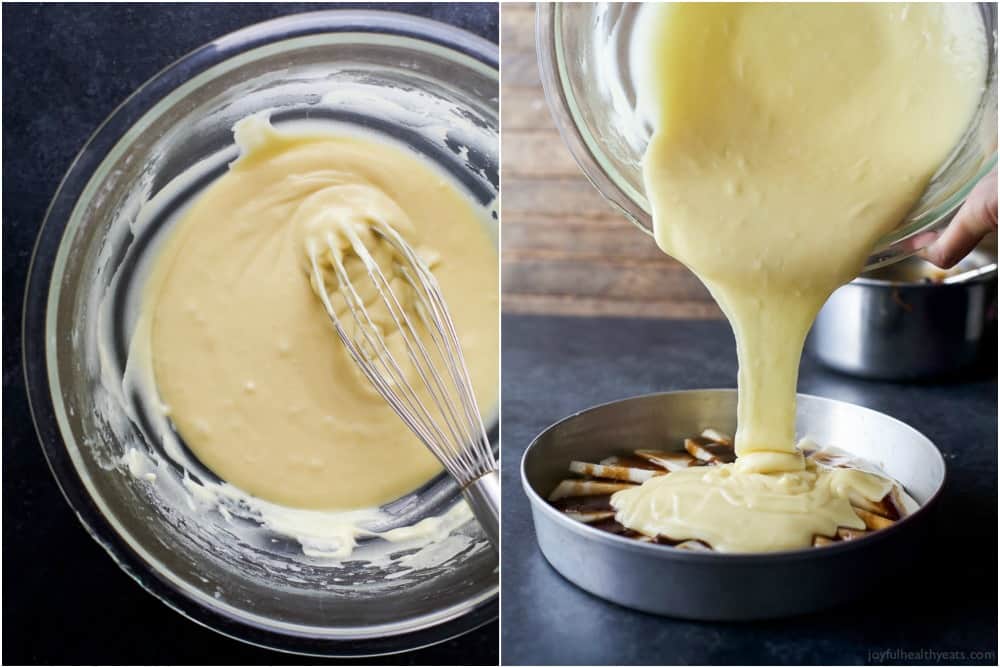 Cake batter in a bowl to the left and pouring the batter over the pears to the right.