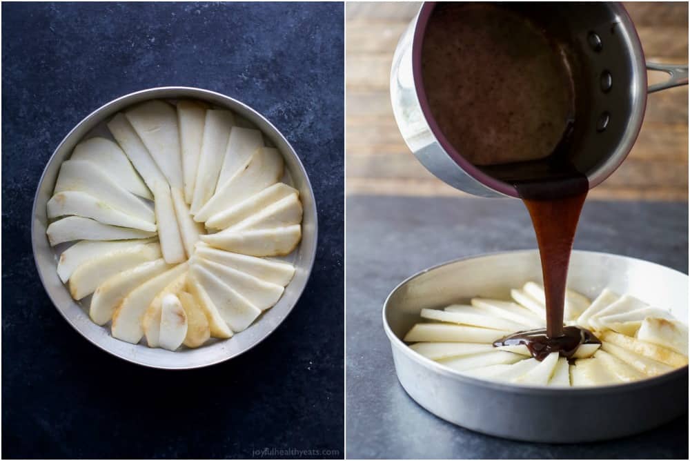 Arranged pears in the cake pan to the left and pouring the caramel over them to the right. 