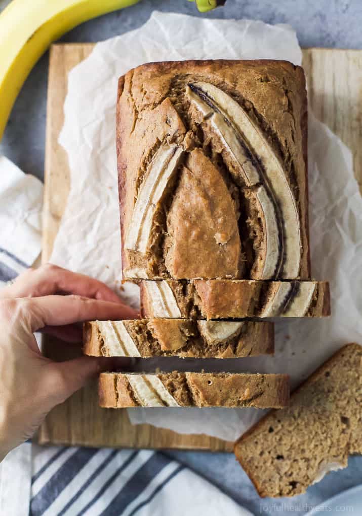This cinnamon-banana bread recipe is sweetened with maple syrup for a wholesome, on-the-go, dessert-like breakfast. Sliced banana bread.