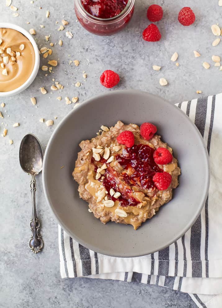 Healthy Peanut Butter & Jelly Oatmeal Recipe Top view of a bowl Healthy Peanut Butter & Jelly Oatmeal