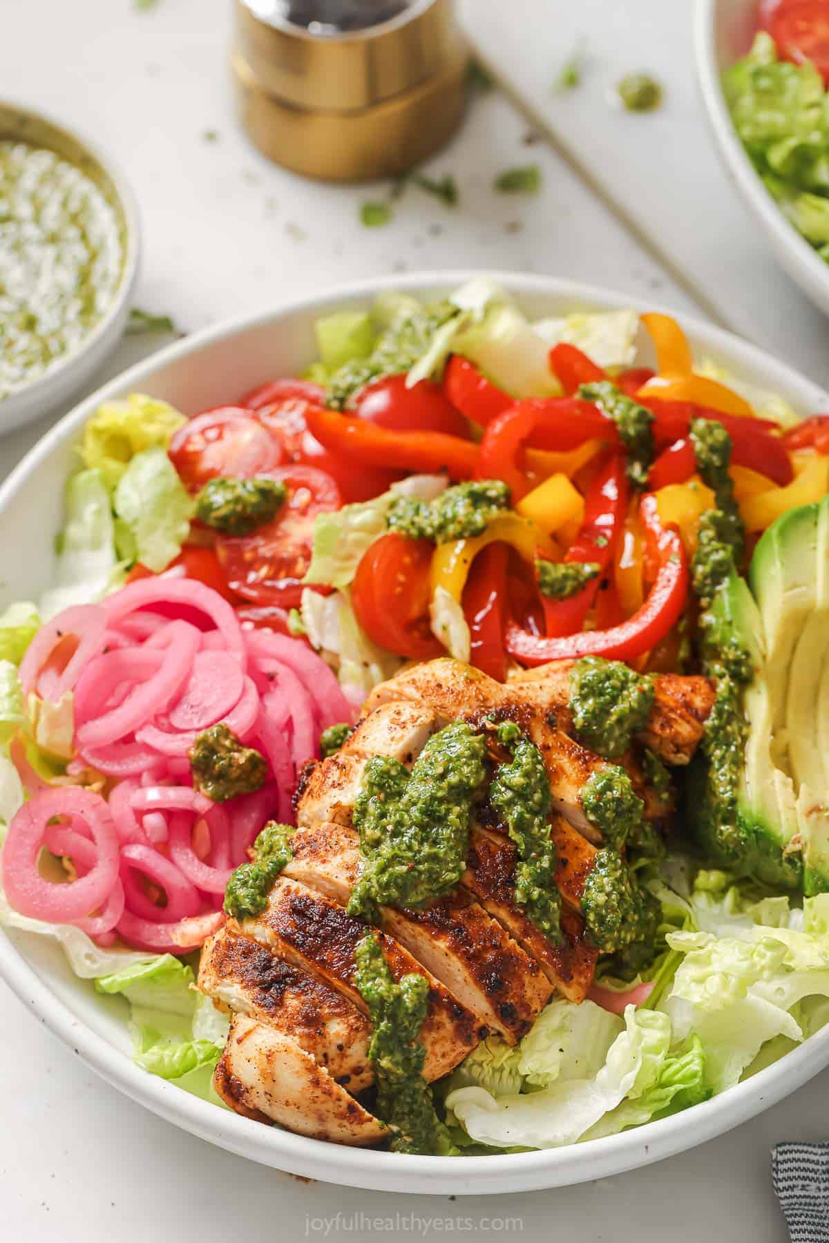This smokey chicken fajita salad recipe with homemade chimichurri dressing is the perfect veggie-loaded weeknight dinner. Chicken fajita salad with chimichurri dressing.