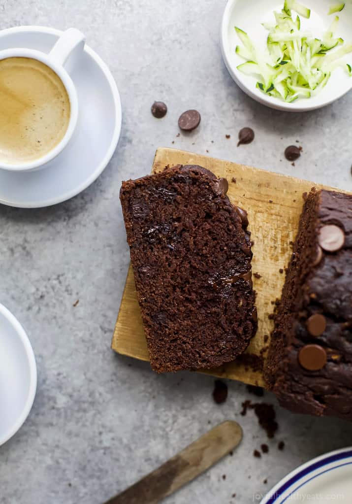 Close-up of a slice of chocolate bread with chocolate chips. 