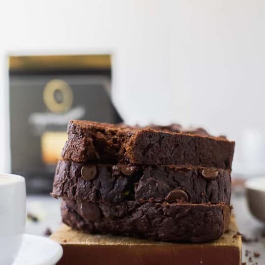 Stack of chocolate zucchini bread slices.