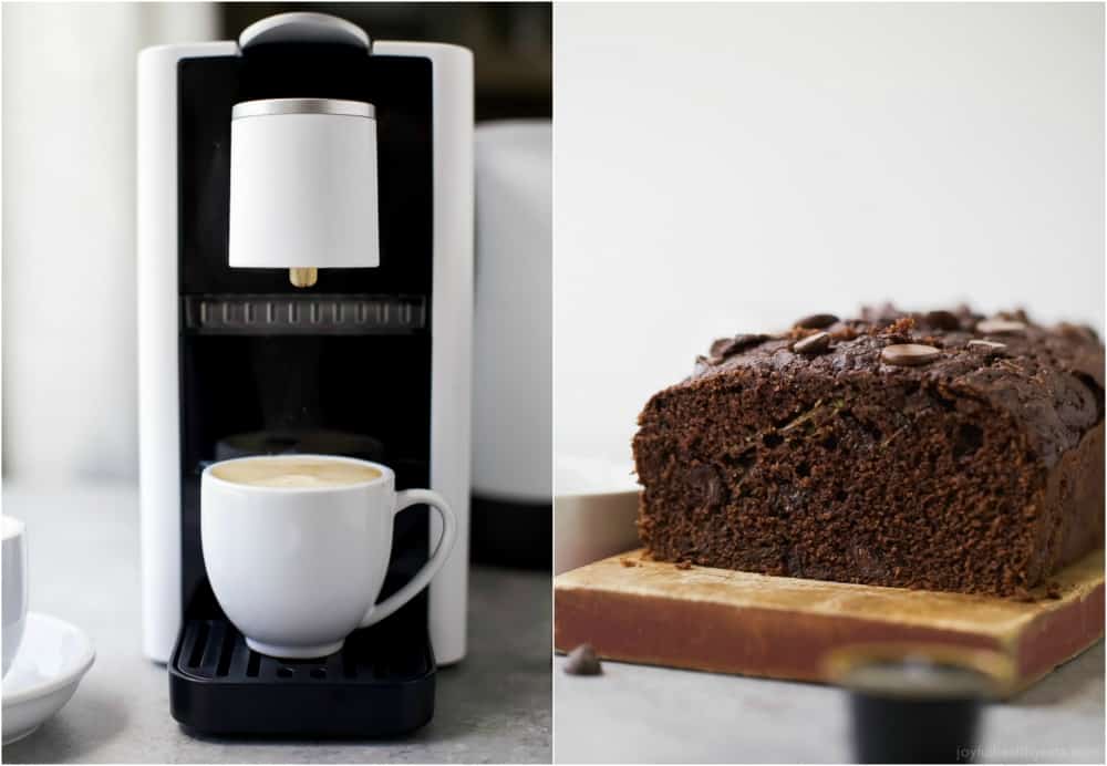 Photo collage with a cup of coffee to the left and the chocolate loaf to the right. 