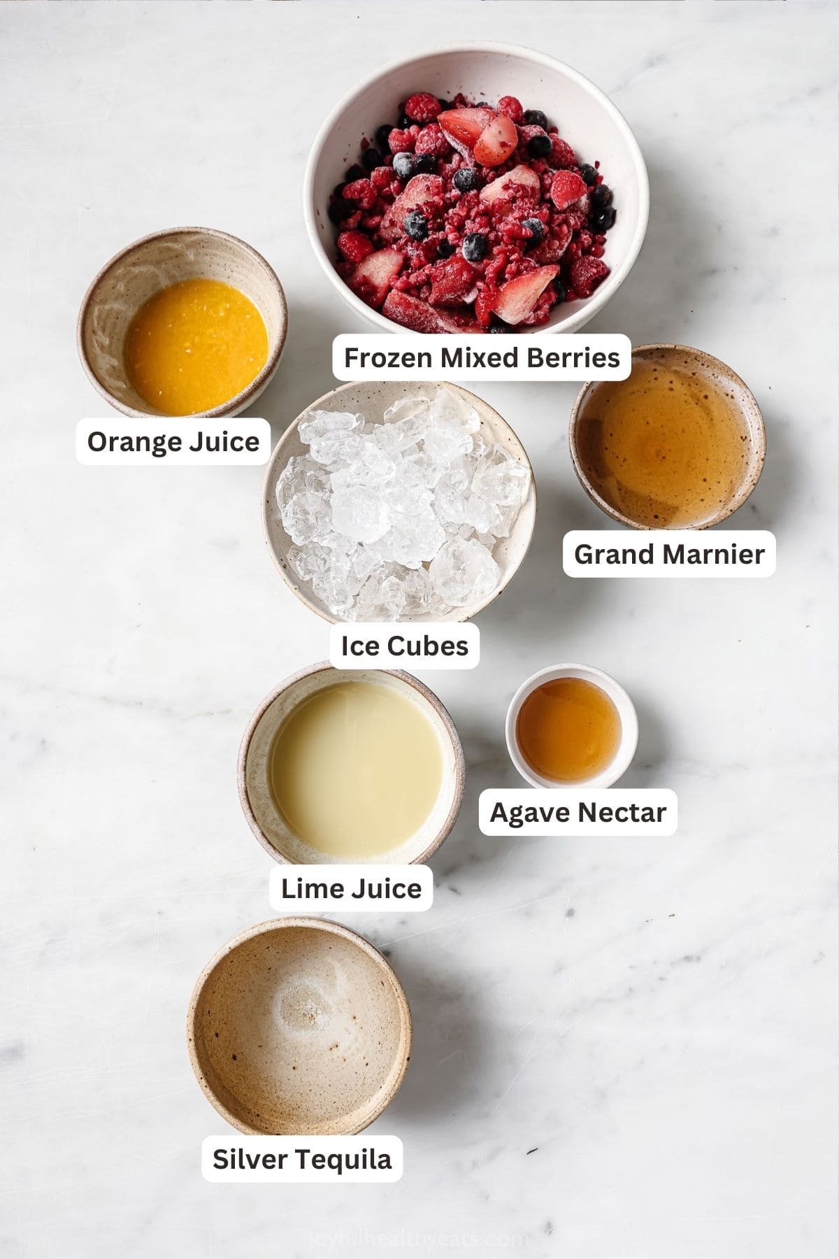 Labeled ingredients for making a frozen margarita. 