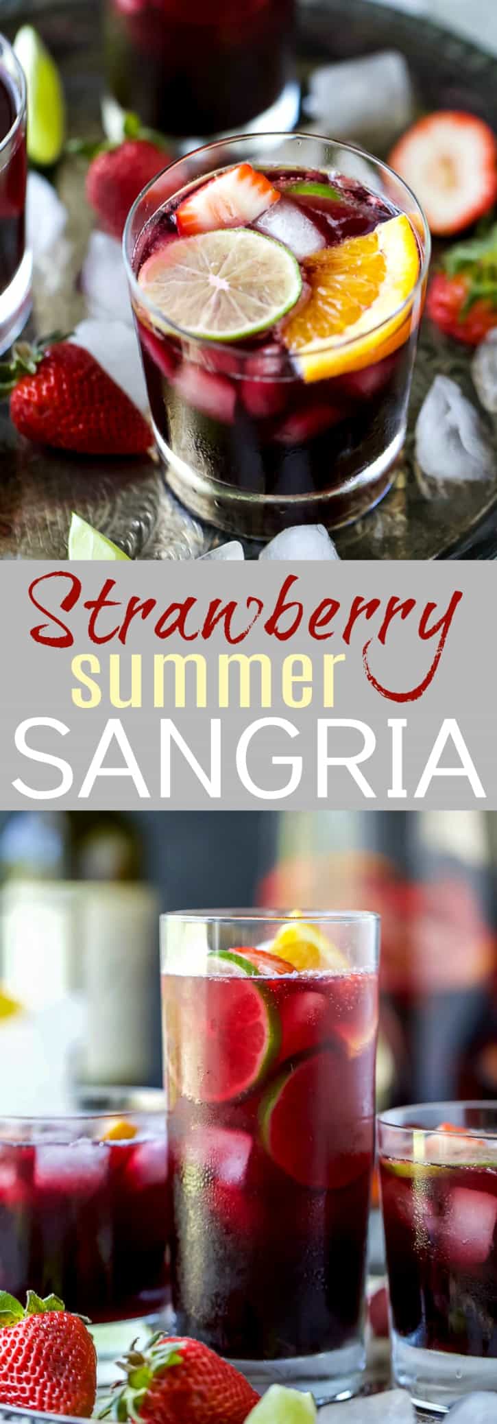 Strawberry Summer Sangria filled with fresh strawberries, peaches and loads of citrus! This Summer Sangria served over ice is a light refreshing cocktail you'll want around at your next party!