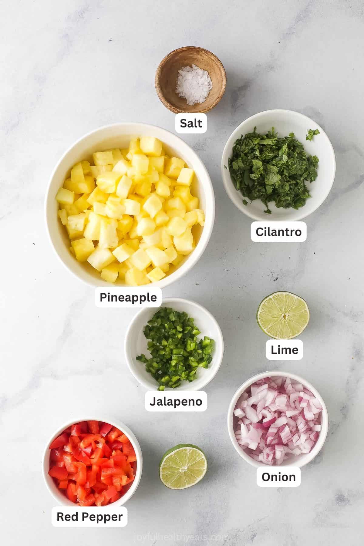 Labeled ingredients for making the pineapple salsa. 