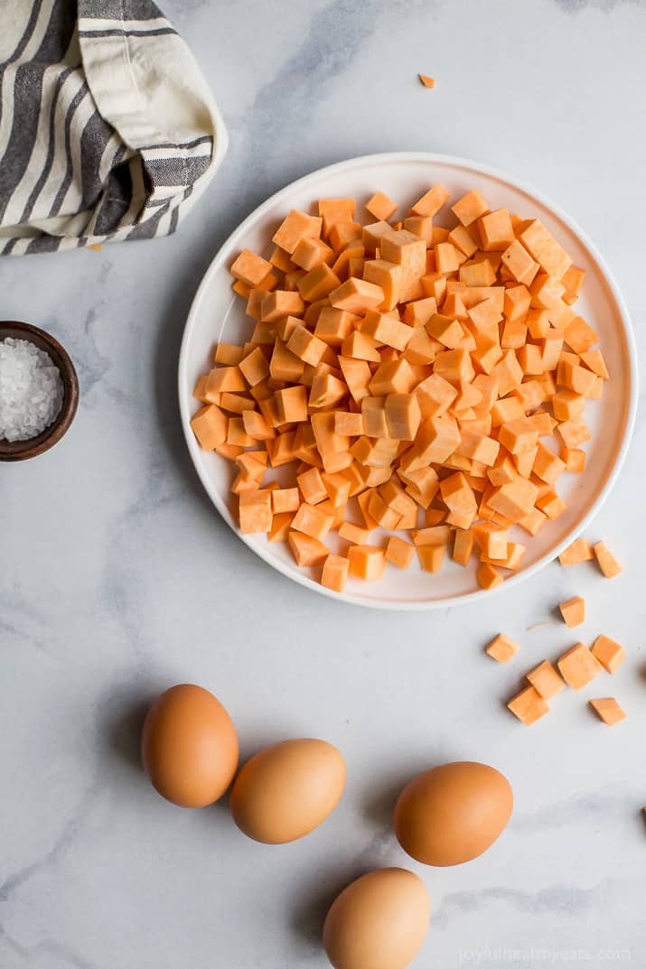 Diced sweet potatoes and eggs for making the sweet potato hash. 