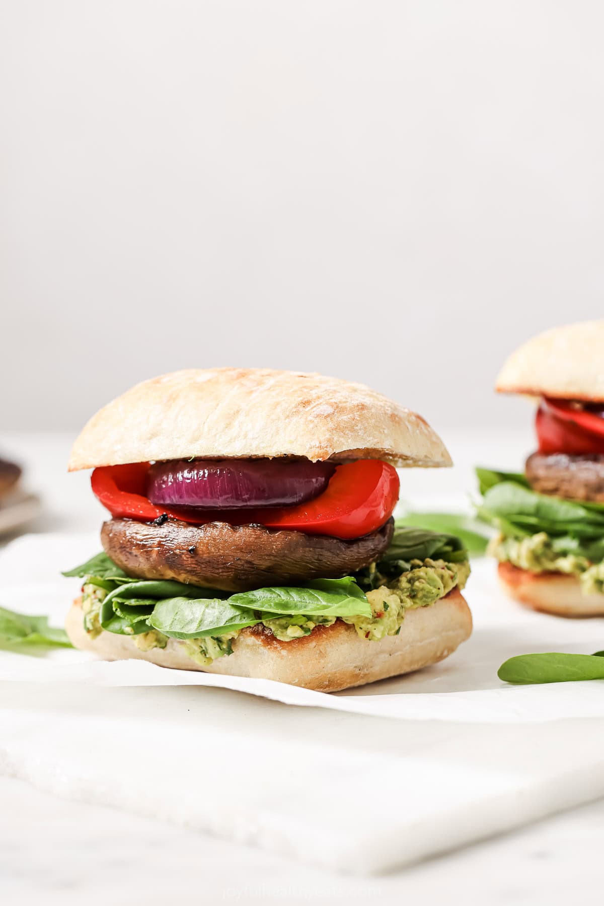 Prepared mushroom burger with avocado chimichurri.