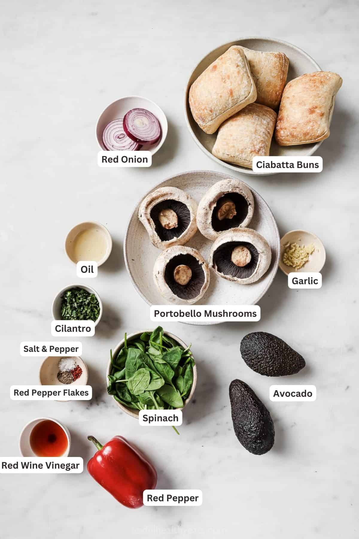 Labeled ingredients for mushroom portobello burger. 