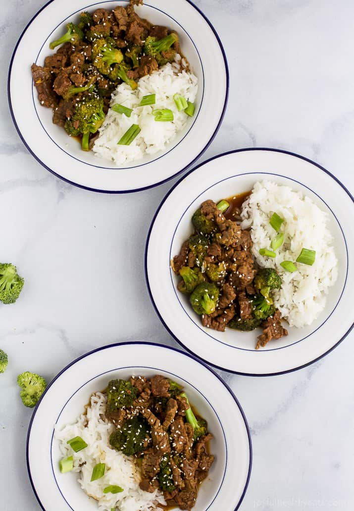 Three bowls of Instant Pot Mongolian beef with tamari-ginger sauce.