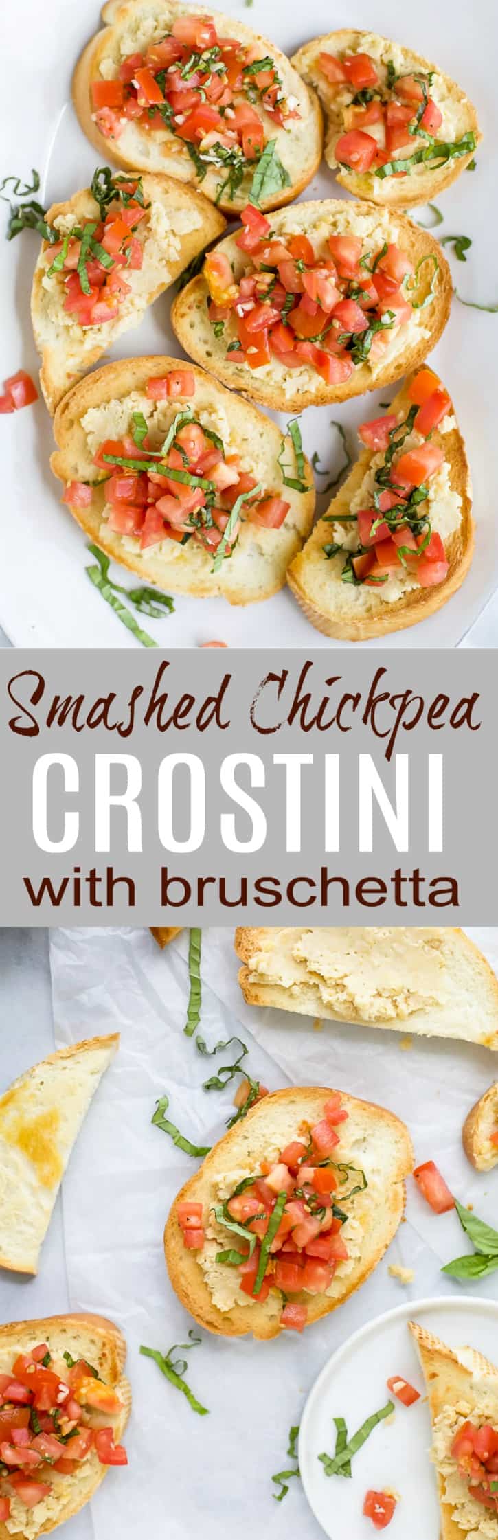 Smashed Chickpea Crostini topped with a fresh tomato Bruschetta - a light vegetarian appetizer perfect for the summer!