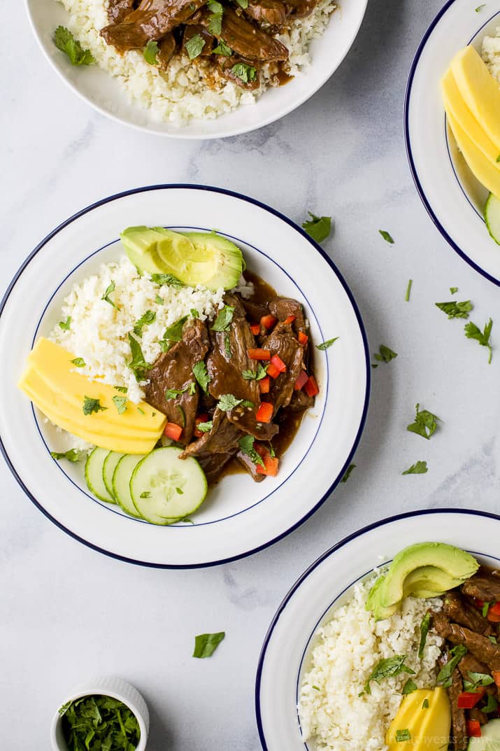 Overhead view of Korean beef bowls