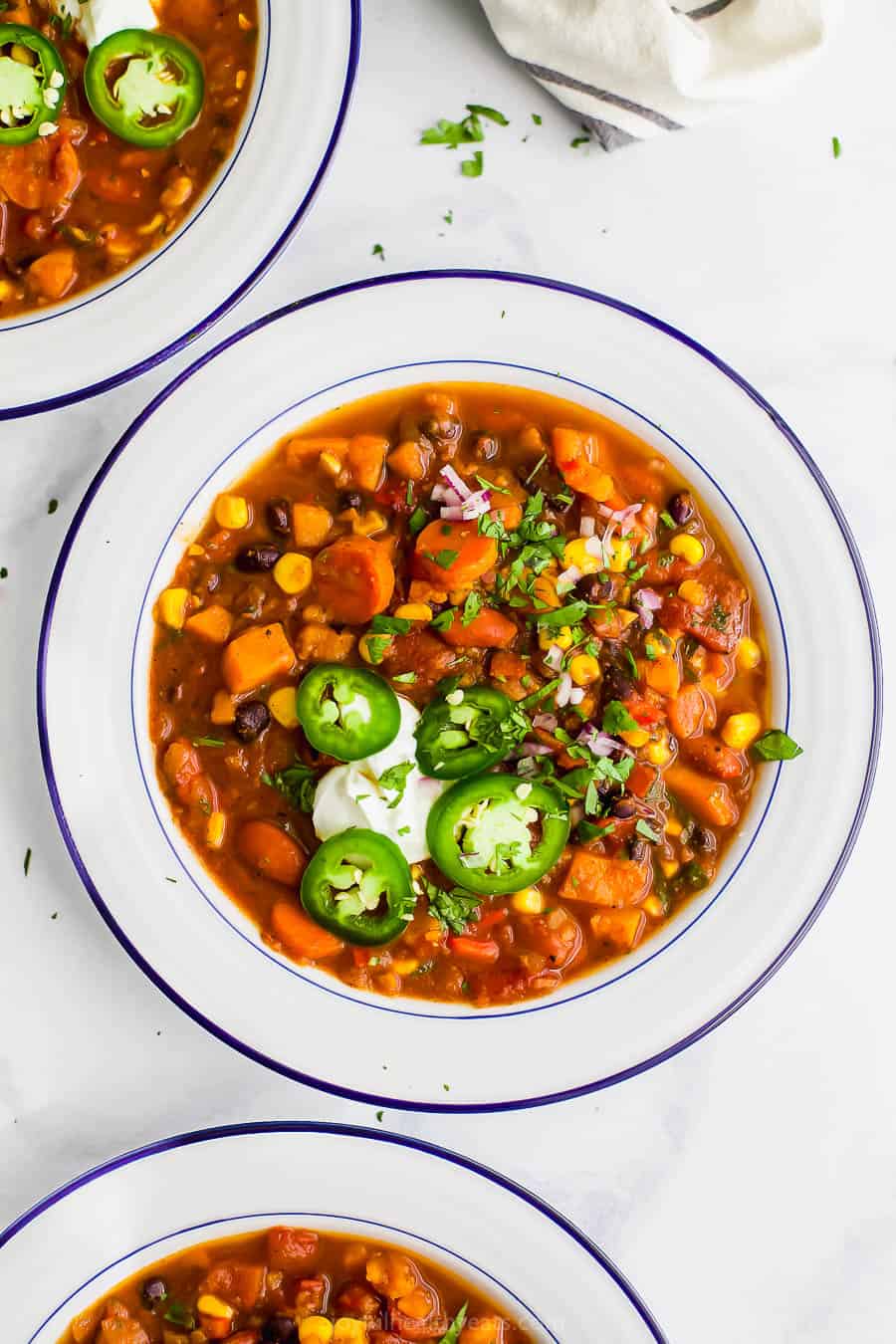 Two bowls of instant pot sweet potato black bean chili. 