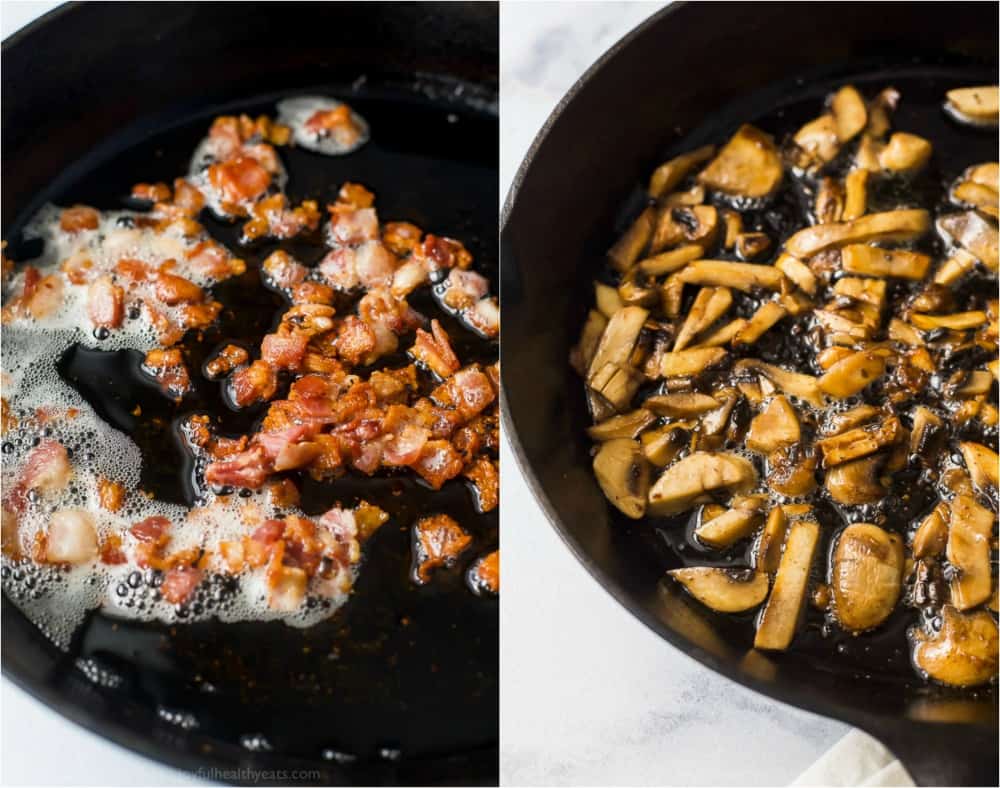 Side-by-side images of sautéing bacon and then mushrooms.