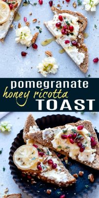 Pinterest photo for pomegranate ricotta toast with recipe name.
