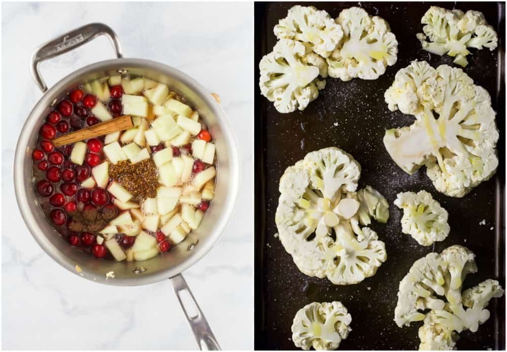 Making the chutney to the left and the sliced cauliflower steaks to the right in the collage. 