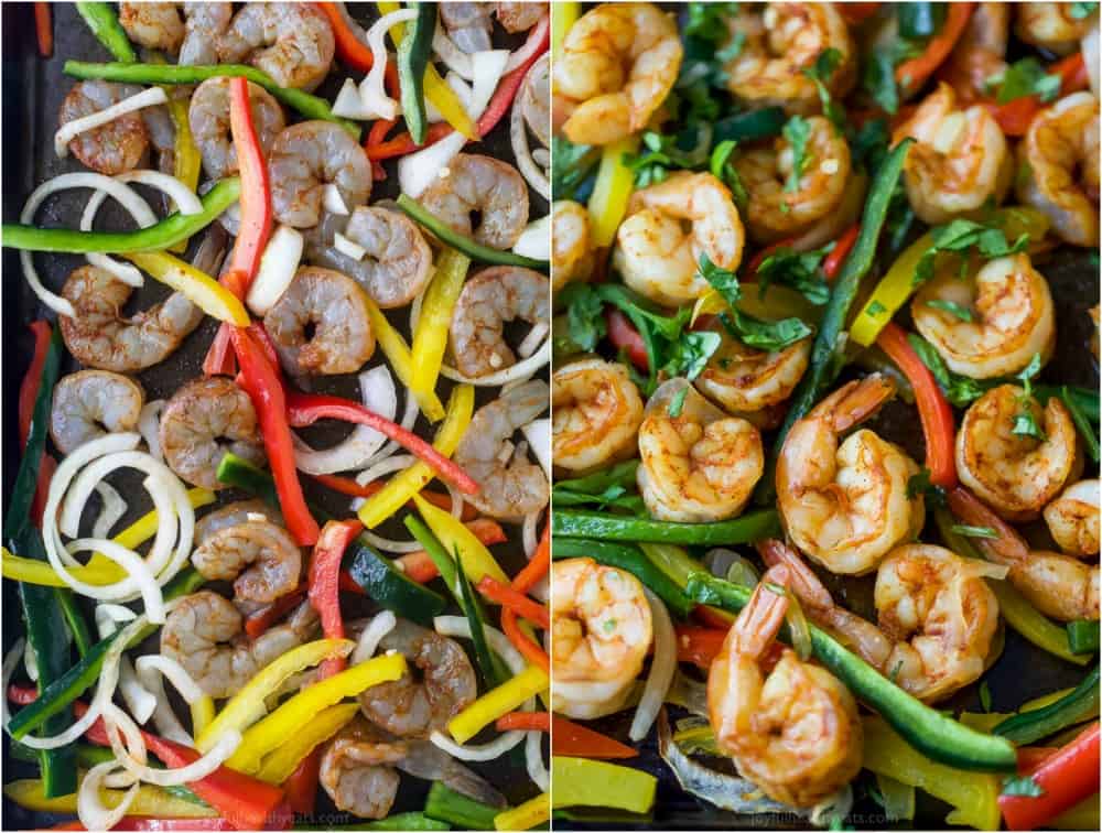 Uncooked shrimp fajitas to the left and cooked shrimp fajitas to the right. 