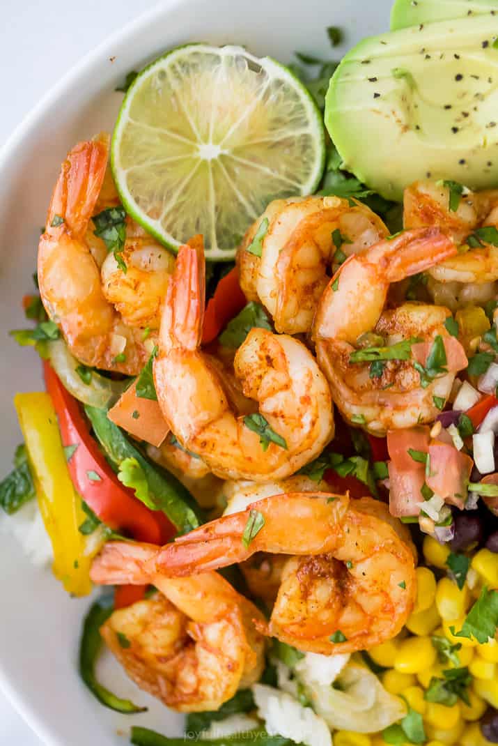 Tender shrimp fajitas with bell peppers, poblanos, onions, and pico de gallo.