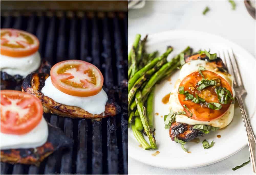 grilling caprese chicken on the grill and then the finished balsamic caprese chicken on a plate