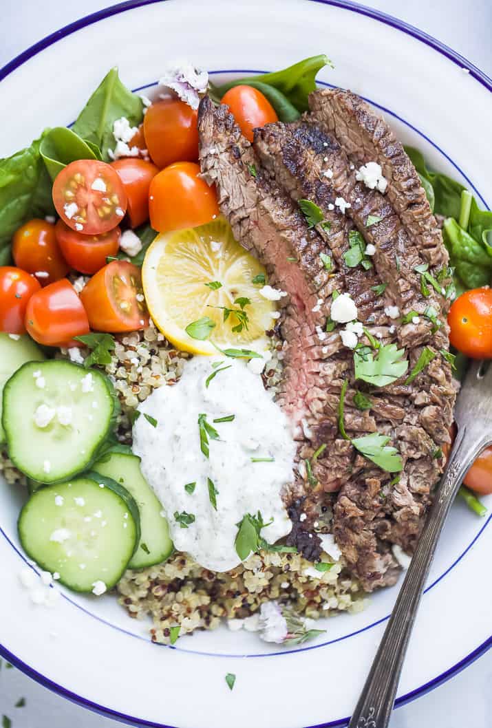 close up photo of easy mediterranean steak and quinoa bowls