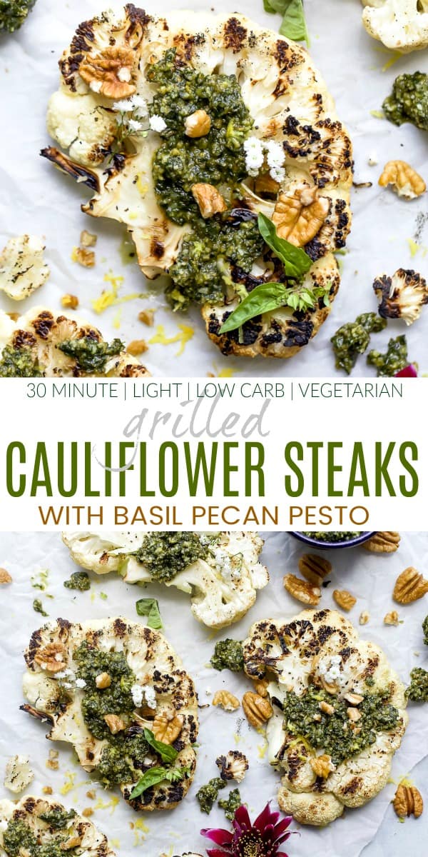 pinterest image for grilled cauliflower steaks with pecan pesto