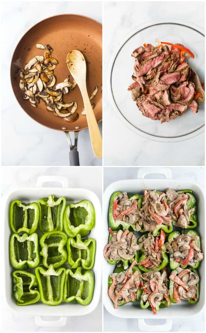 process of how to make easy keto philly cheesesteak stuffed peppers