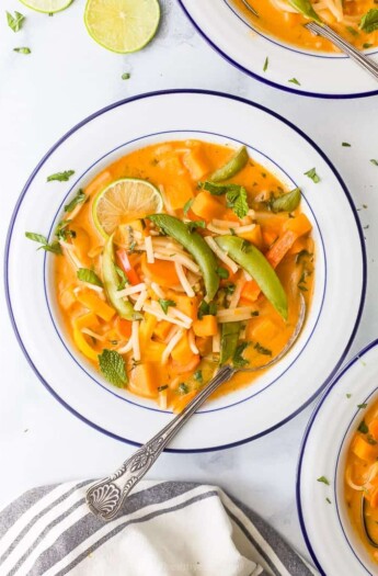 overhead photo of 30 minute vegetable thai noodle soup in a bowl