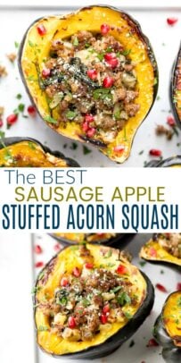 pinterest image for apple sausage stuffed acorn squash