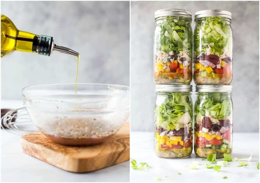 On the left, pouring olive oil into vinaigrette, on the right four mason jars of Greek chicken salad 