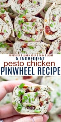 pinterest image for the best pesto chicken pinwheel recipe