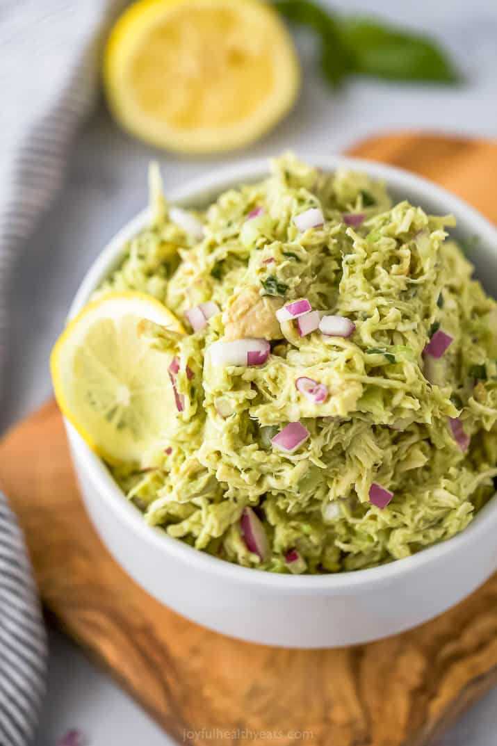 paleo avocado chicken salad recipe in a bowl