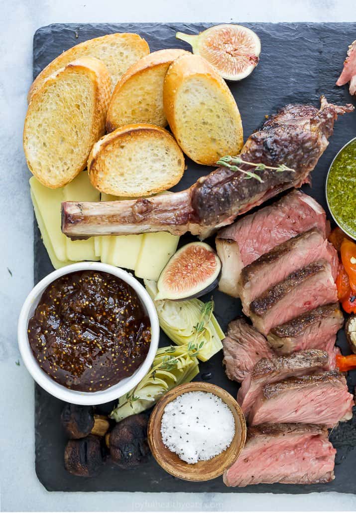 closet up of a steak charcuterie board