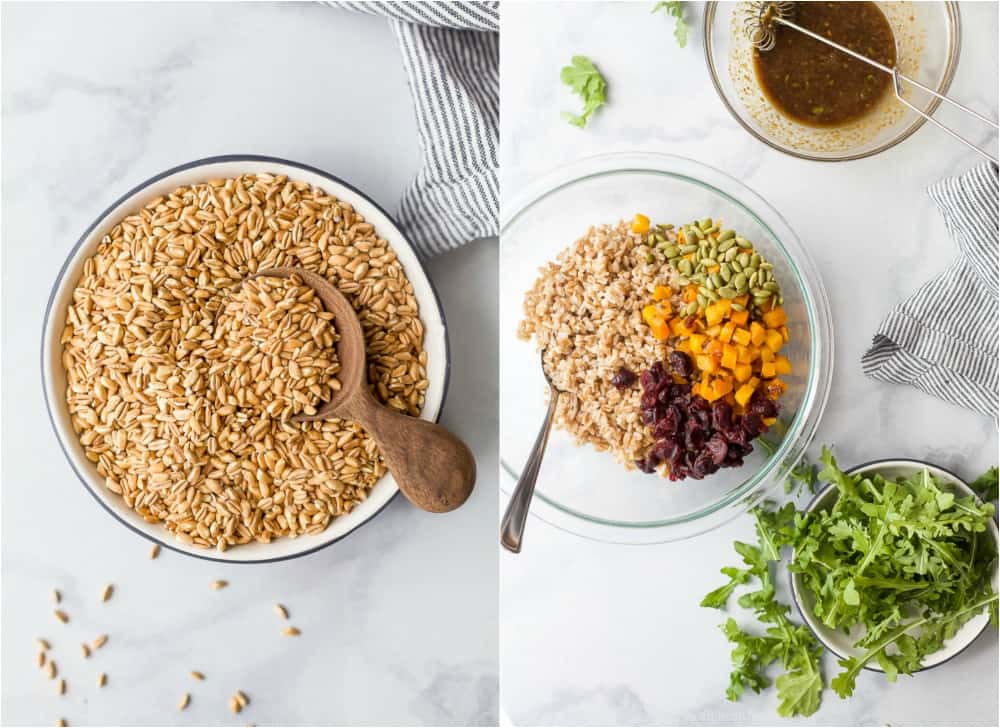Bowl of farro to the left and assembling the salad to the right. 