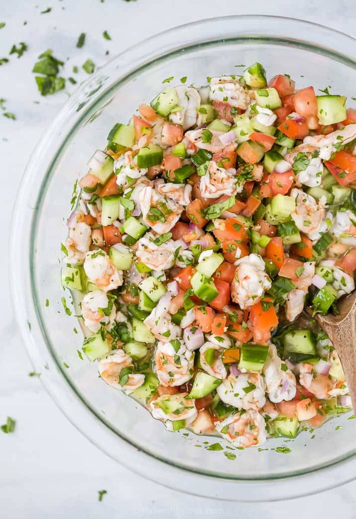 Quick & Easy Fresh Shrimp Ceviche A Close-Up Shot of Shrimp Ceviche in a Glass Bowl