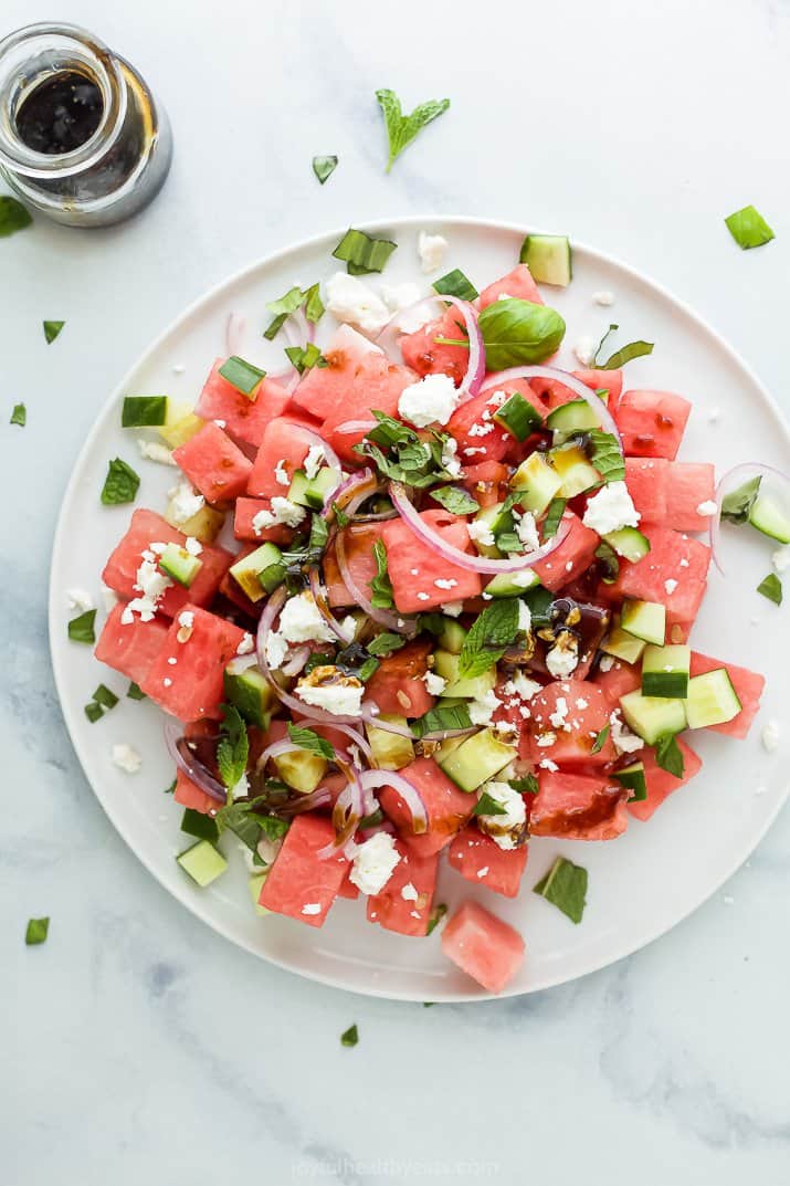 plate with watermelon feta basil salad