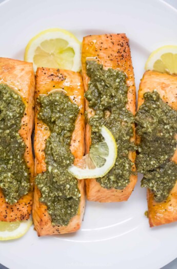 close up of air fryer pesto salmon