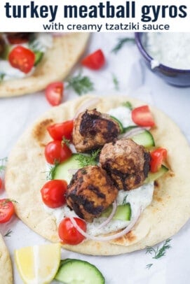 pinterest image for Greek Turkey Meatball Gyros with Tzatziki Sauce